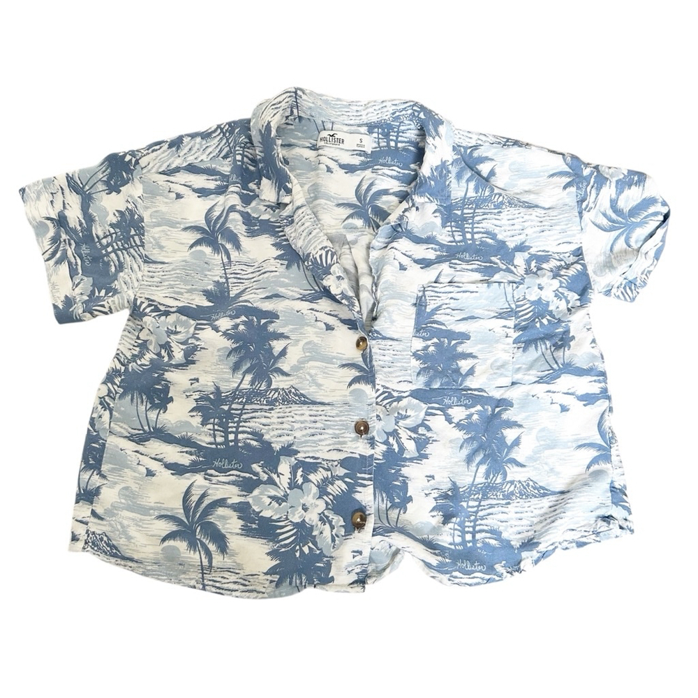 Women's Hollister Button-Up Shirt Size S Blue Tropical Print Crop Style Summer